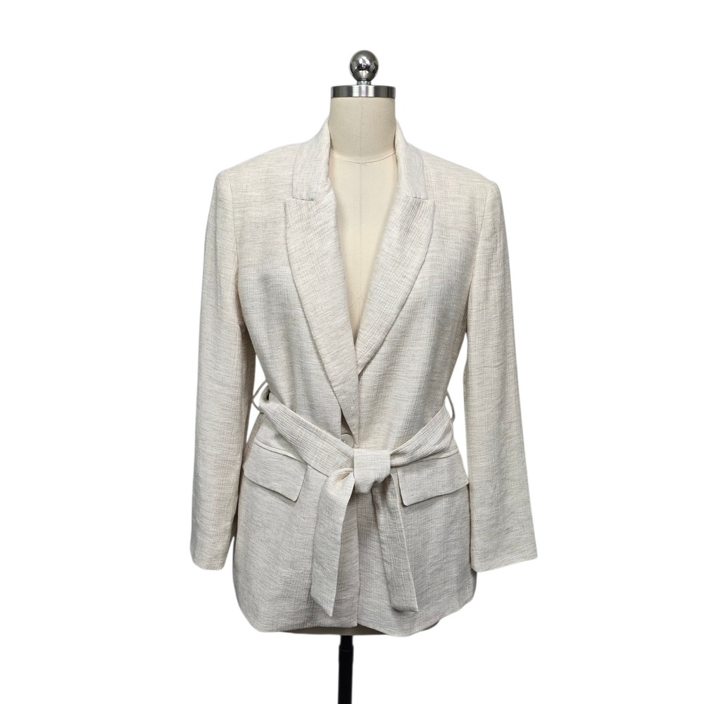 Zara Womens Belted Textured Blazer Oatmeal Cream Marl Tie Waist Jacket Size XS